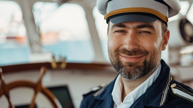 A bearded man in a captains uniform smiles warmly at the camera with the ships wheel in the background