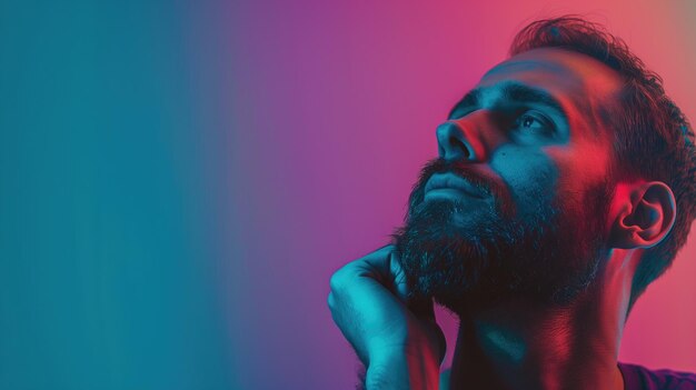 Bearded man in colorful lighting looking thoughtful