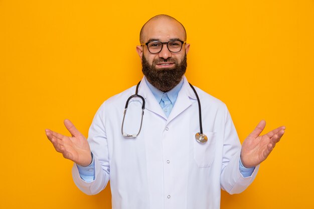 Bearded man doctor in white coat with stethoscope around neck wearing glasses looking smiling spreading arms to the sides