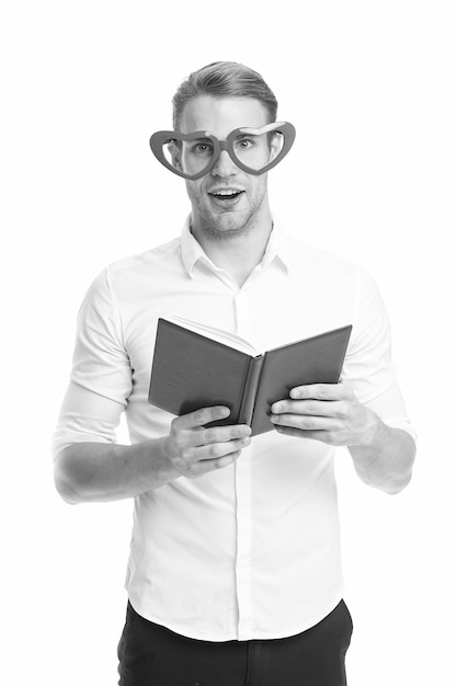 Bearded man Education concept man in glasses red book Business training back to school Male fashion Businessman Fashion portrait of man getting information Multitasking