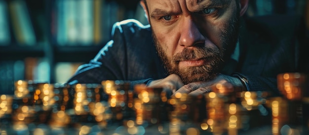 Bearded Man Examines Table of Gold Cups