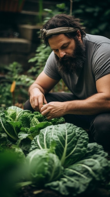 A bearded Man Farmer is picking fresh cabbages in the garden Autumn Summer Vegetable Harvest City Farmer Organic Products Vegetarian Raw food concepts