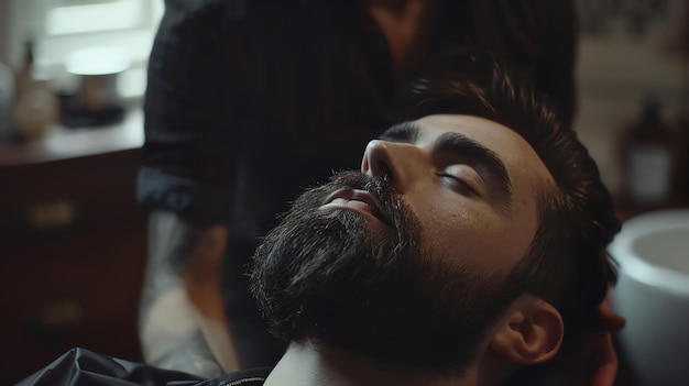 Bearded man getting his beard trimmed at a barber shop