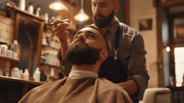 Bearded man getting his beard trimmed with an electric razor by a barber in a barbershop