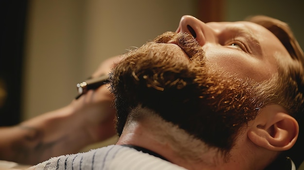 Bearded man getting his beard trimmed with an electric razor by a barber in a barbershop