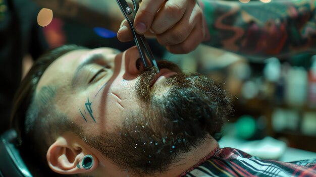 Bearded man getting his mustache trimmed with scissors at a barber shop