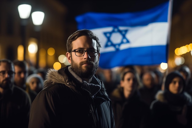 Bearded man in glasses stands proudly in front of an Israeli flag and looks straight into the camera