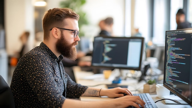 Photo bearded man in glasses working on computer with code on screen