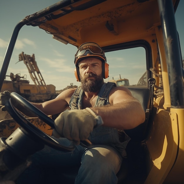 Bearded Man in Hard Hat Driving a Bulldozer