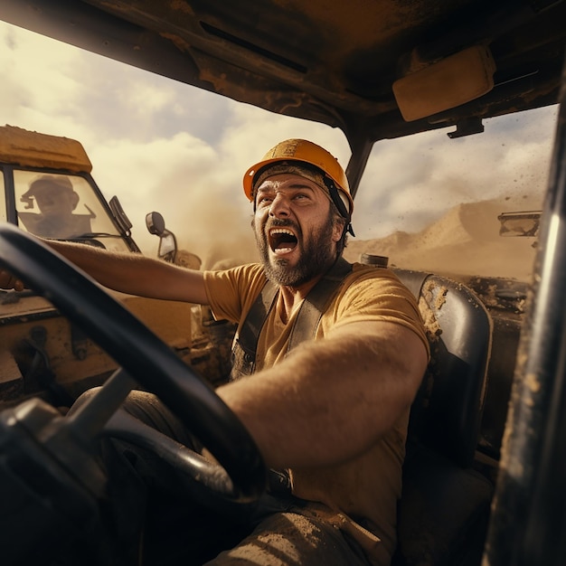 Photo bearded man in hard hat driving a bulldozer