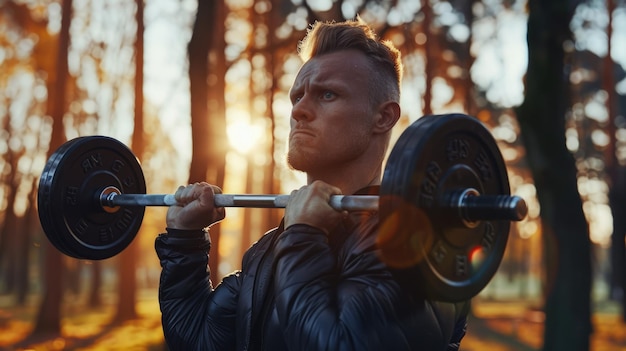 Photo a bearded man is weightlifting outdoors in a park during autumn as the sun sets aig58