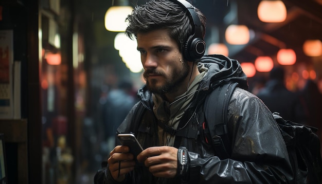 A bearded man in a leather jacket texting on his phone generated by artificial intelligence