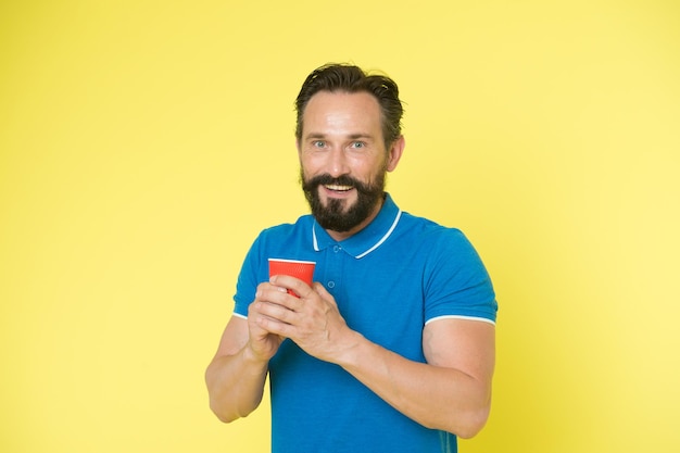 Bearded man. Male barber care. Mature hipster with beard. brutal caucasian hipster with moustache. happy man with take away coffee. Good morning coffee. What a great morning.