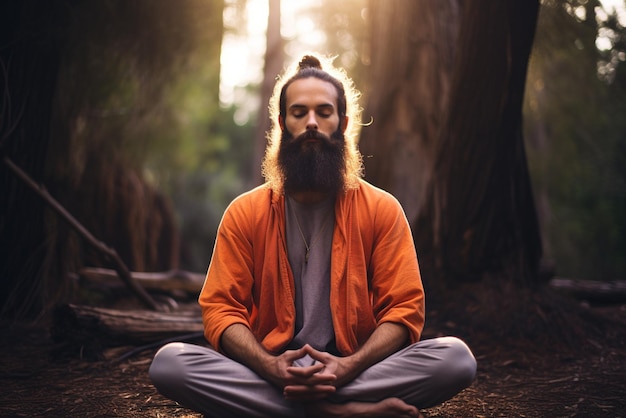 Photo bearded man in orange robe meditating in forest