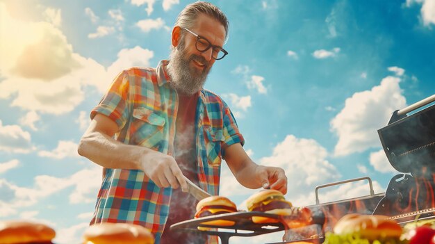 Photo bearded man in a plaid shirt grilling burgers on a barbecue under a bright blue sky enjoying a sunny