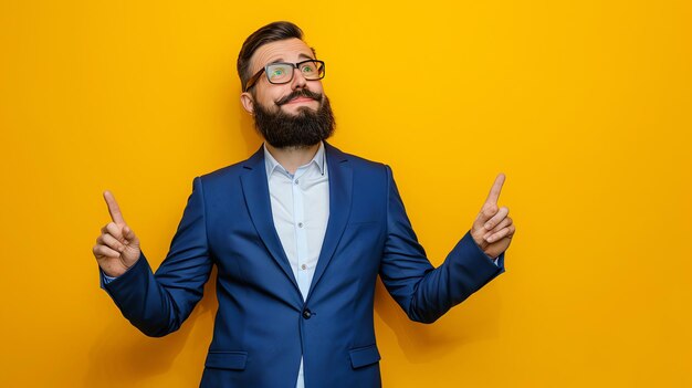 Photo a bearded man in a suit and glasses points both hands upwards while looking up