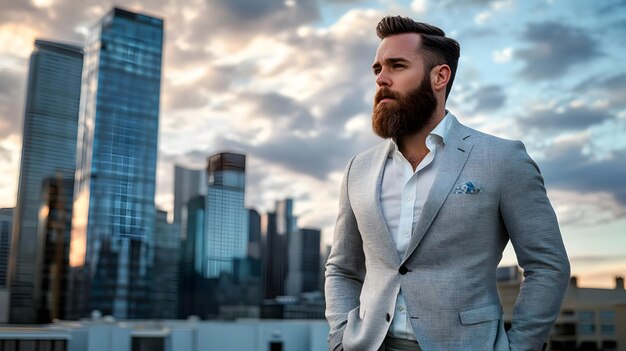 A Bearded Man in a Suit Standing in Front of Cityscape at Sunset