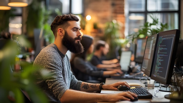 Bearded Man Using Computer with Code on Screen in Office Setting