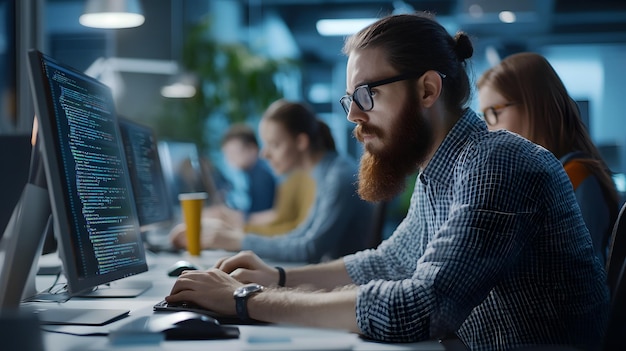 Bearded Man Wearing Glasses Codes on a Computer in an Office