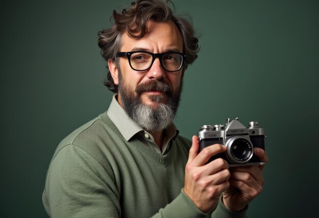 Photo a bearded man wearing glasses holds a vintage camera against a green background