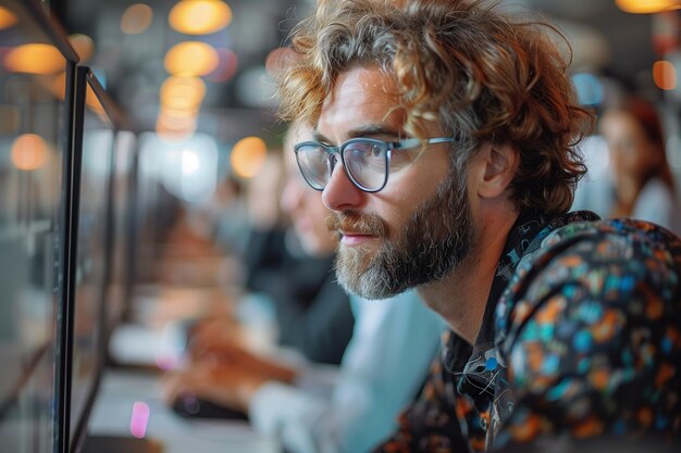 Bearded man wearing glasses looking at computer screen in office setting