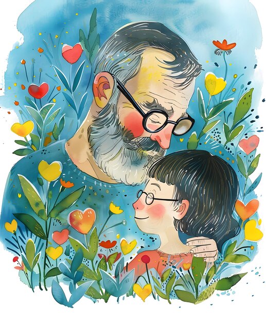 Bearded man with glasses embraces girl amid flower field painted in watercolor