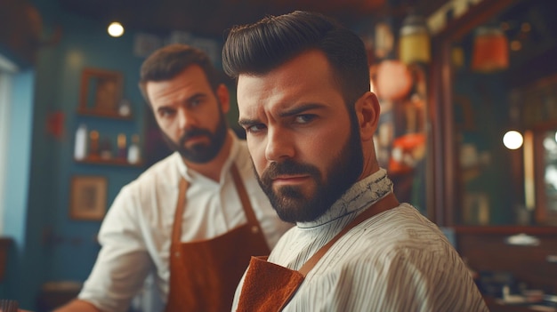 Photo a bearded man with his hair and beard trimmed at the barbershop