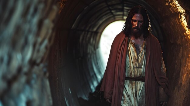 Bearded Man With Long Hair in Tunnel