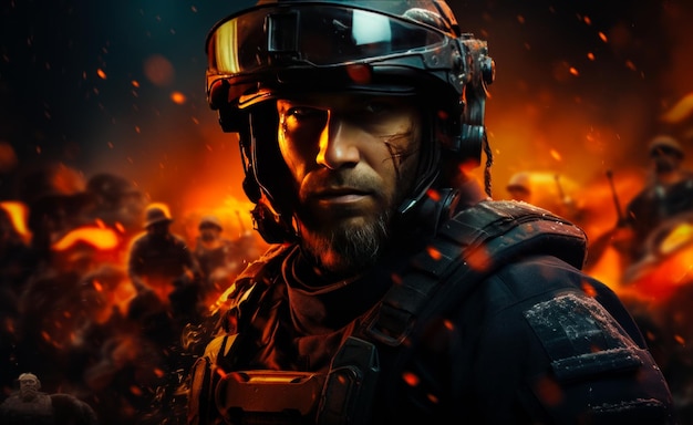 Bearded man with scars wearing helmet Modern military man portrait at burning backdrop Generative AI