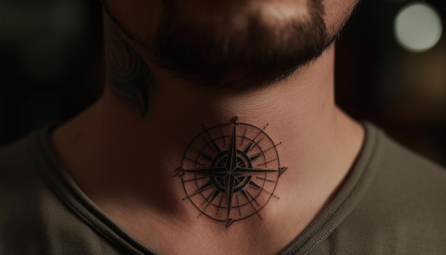 Bearded man with tattoo explores old fashioned metal equipment generated by AI