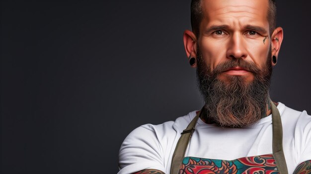 A bearded man with tattoos wearing a chefs apron reflecting a blend of culinary skill