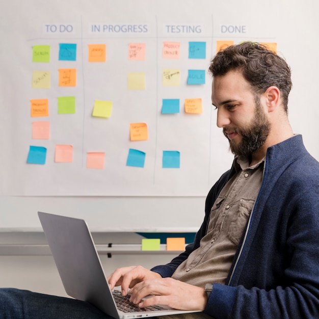 Bearded man working on business method