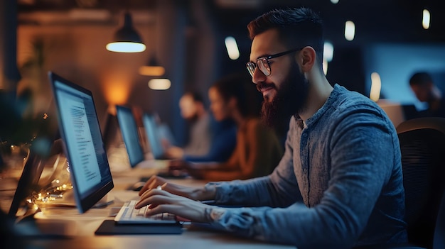 Bearded Man Working Late at Night on a Computer