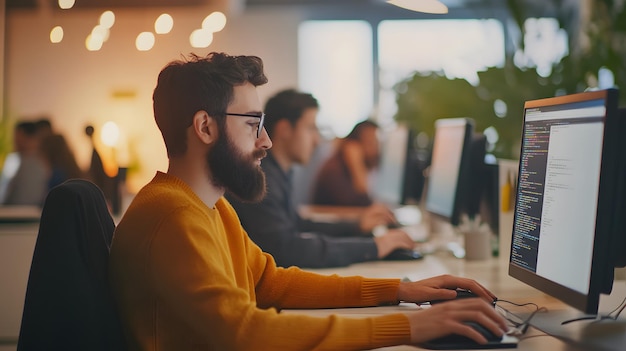 Bearded Man in Yellow Sweater Codes at Computer in Modern Office