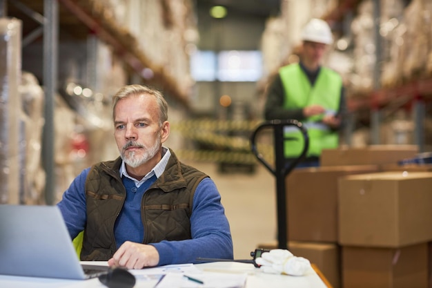 Bearded mature man using laptop in warehouse managing shipping