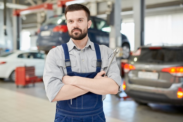 Bearded Mechanic Holding Wrench