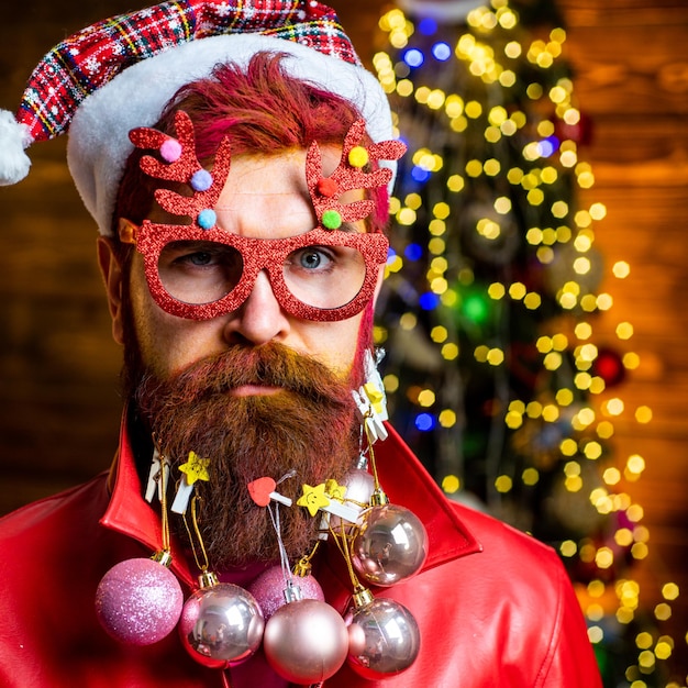 Bearded modern santa claus close up portrait merry christmas and happy new year new year  fun party ...