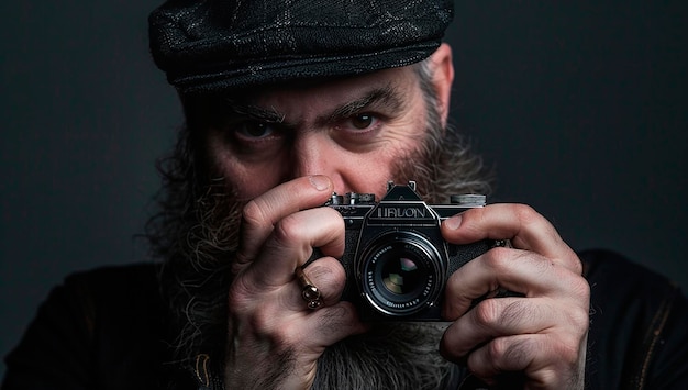 Bearded photographer using camera