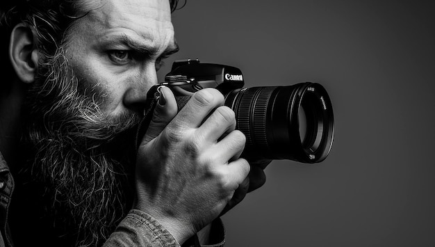 Bearded photographer using camera