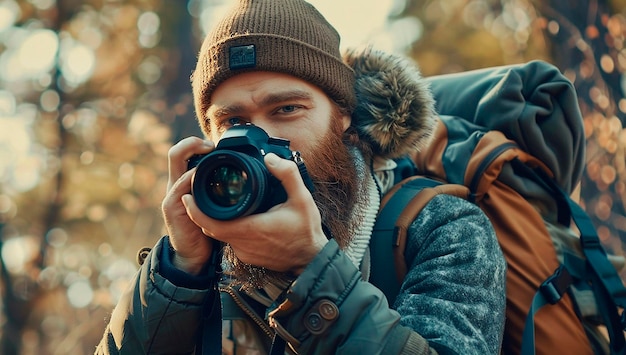 Bearded photographer using camera