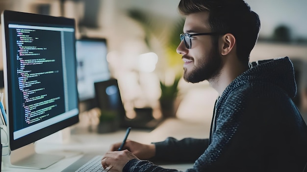 Bearded Programmer Working on Code at a Computer in a WellLit Office