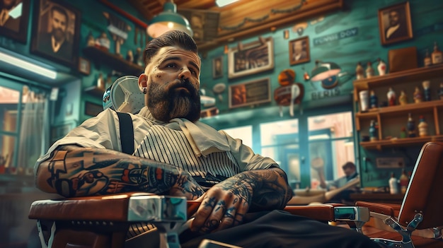 Bearded and tattooed barber sitting on chair in barbershop