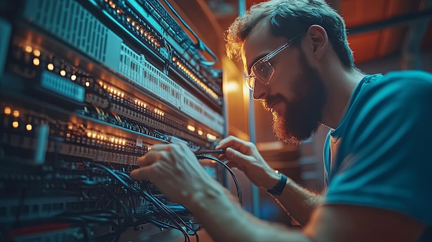 A Bearded Technician Working on a Server Rack