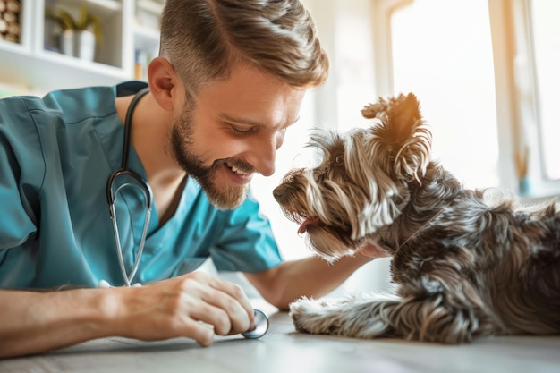 Photo bearded veterinarian playing with a small dog on the clinic floor veterinary care and playful pet