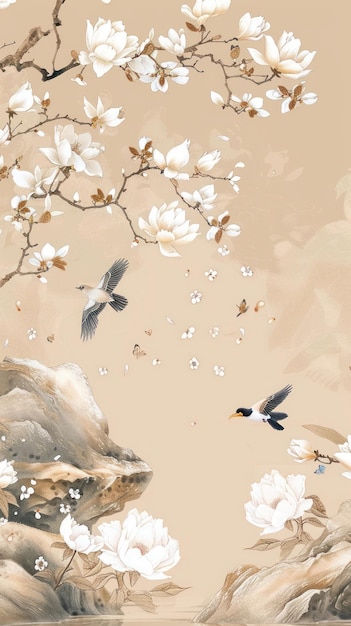 beatiful china art mountain bird blossom