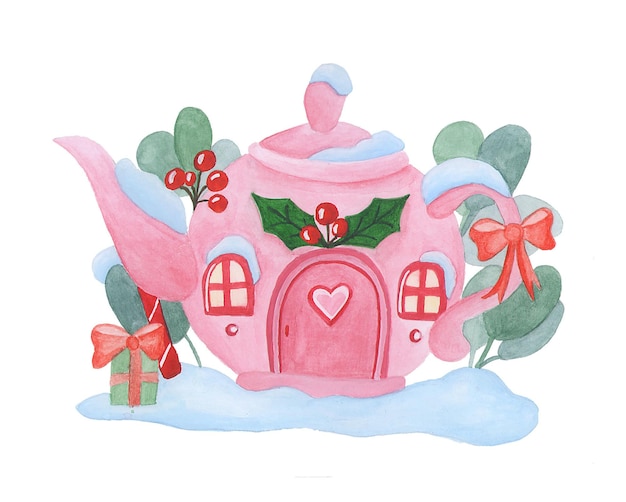 Beatiful pink teapot home watercolor