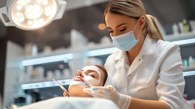 Beautician applying a face mask to a client in a spa