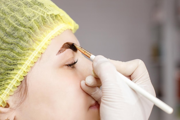 Beautician doing eyebrow coloring closeup