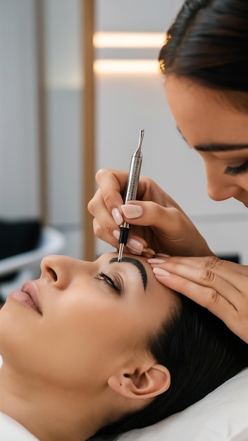 Photo beautician doing a microblading treatment on a clients eyebrows