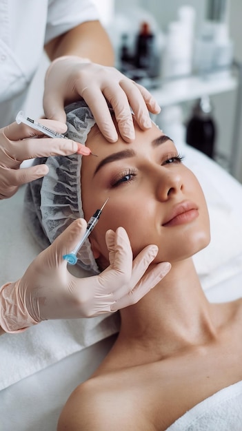 Photo beautician gives beauty injections to young woman in salon